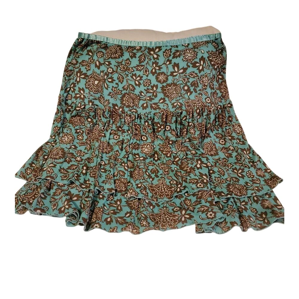VINTAGE New York & Company Turquoise Teal Brown Ruffled Floral Skirt Size Medium